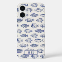 Tropical Fish Blue Sketch Monogramme iPhone 16 Coq