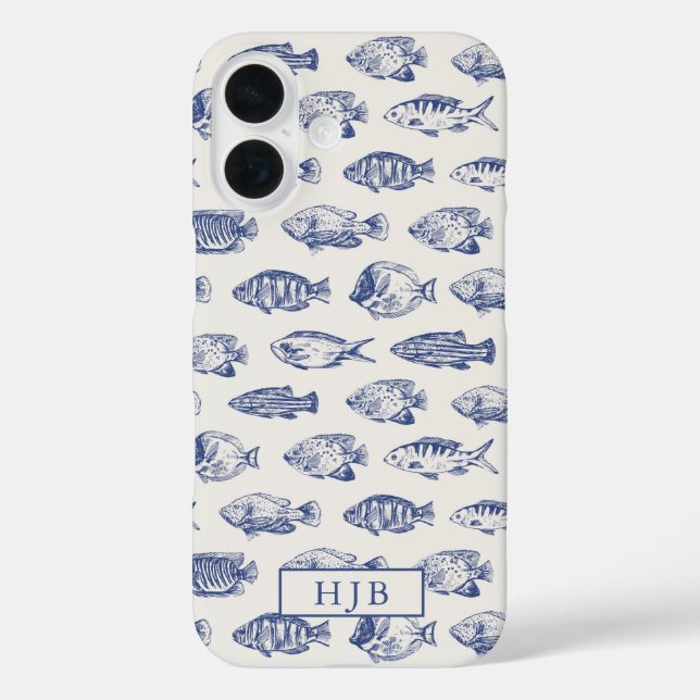 Coques Case-Mate iPhone Tropical Fish Blue Sketch Monogramme iPhone 16 Coq (Verso)