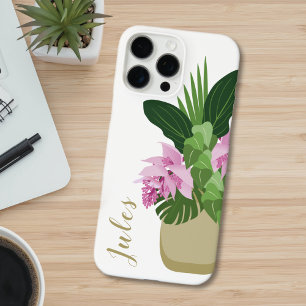 Coque iPhone 16 Pro Max Tropical Medinilla rose Fleur Jaune Vase Blanc