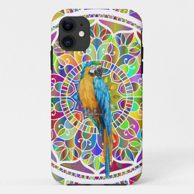 Coques Case-Mate iPhone Tropical Mosaic – Blue & Gold Macaw Mandala (Dos)