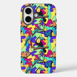 Coque Pour iPhone 16 Tropical Retro Toucan Macaw Tree Frog Poisson clow