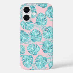 Coque Pour iPhone 16 Tropical rose turquoise aquarelle monster laisser