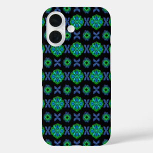 Coque Pour iPhone 16 Tulipes Artdeco dans le style Rétro vert bleu noir