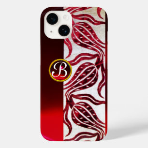 Coque Pour iPhone 14 TULIPES EN VELOURS DAMASSÉ ROUGE MONOGRAMME Bourgo
