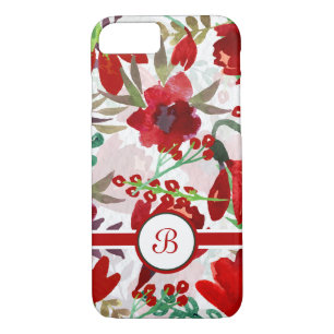 Coque iPhone 8/7 Tulipes rouges d'aquarelle, monogramme
