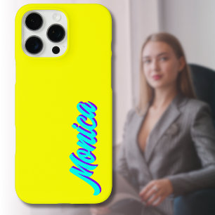 Coque iPhone 16 Pro Max Turquoise 3D Indigo Nom moderne   Fanny citron néo