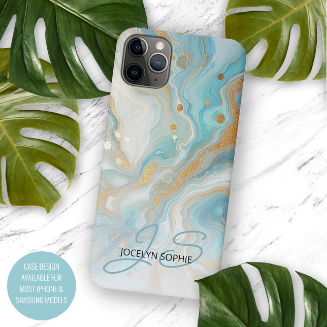 Coques Case-Mate iPhone Turquoise Aqua Bleu Turquoise Or Motif Art Marbre (Créateur téléchargé)