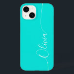 Coque Case-Mate iPhone Turquoise Blanc Élégant Calligraphie Nom du script<br><div class="desc">Turquoise Elegant White Calligraphy Script Personnalisé Nom iPhone 14 Smart Phone Boîtes dispose d'un design moderne et tendance simple et élégant avec votre nom personnalisé dans élégante calligraphie manuscrite typographie sur un arrière - plan turquoise. Conçu par ©Evco Studio www.zazzle.com/store/evcostudio</div>