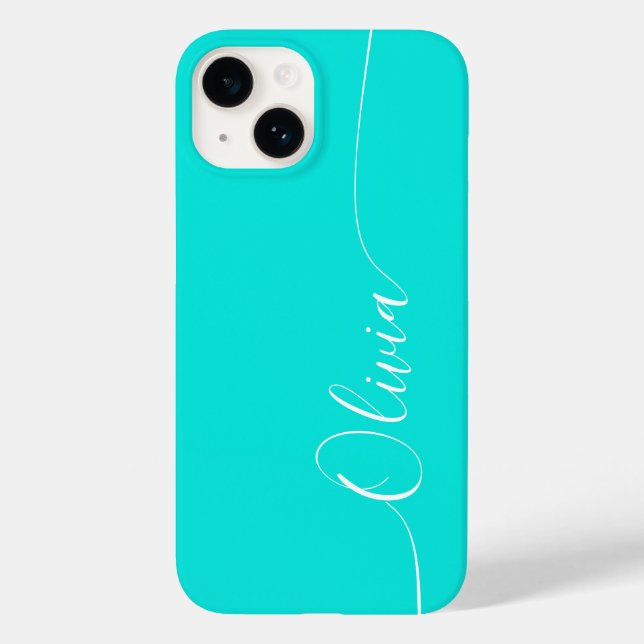 Coques Case-Mate iPhone Turquoise Blanc Élégant Calligraphie Nom du script (Verso)