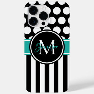 Coque Case-Mate iPhone Turquoise Blanc Rayure Pois Monogramme Noir