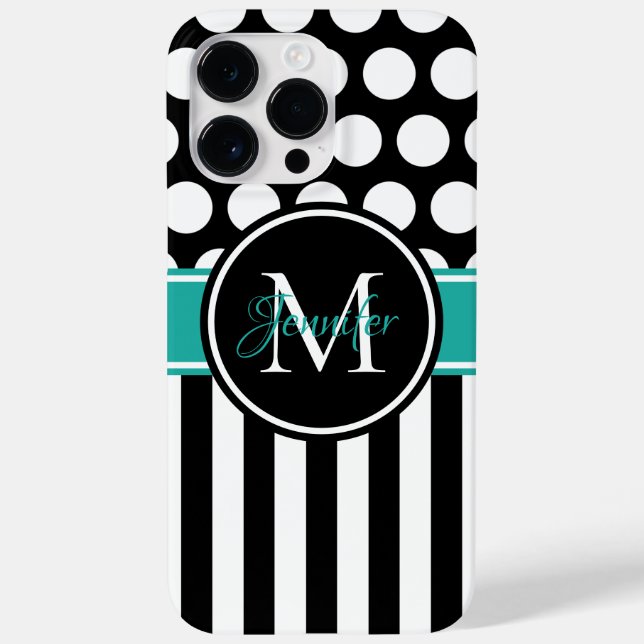 Coques Case-Mate iPhone Turquoise Blanc Rayure Pois Monogramme Noir (Verso)