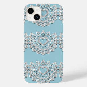 Coque Case-Mate iPhone Turquoise Bleu Blanc Dentelle Cœur Mariage Nuptial