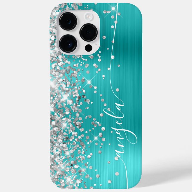 Coques Case-Mate iPhone Turquoise Bleu et Paillettes Argentées Glamour Sig (Verso)