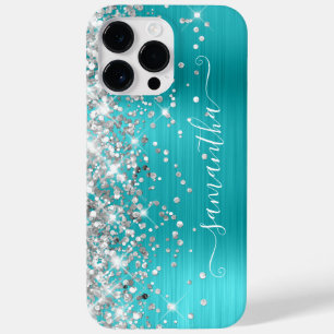 Coque Case-Mate iPhone Turquoise Bleu Pailleté Argent Signature Féminin