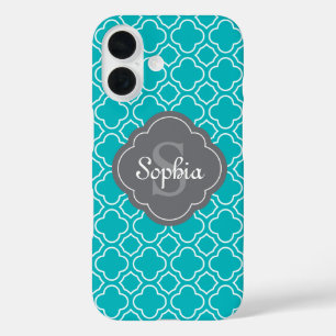 Coque Pour iPhone 16 Turquoise bleu Quatrefoil Motif gris Monogramme