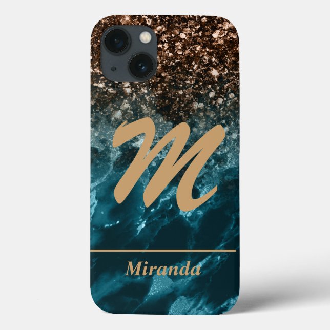 Coques Case-Mate iPhone Turquoise Blue Agate parties scintillant Monogramm (Verso)