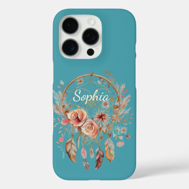 Coques Case-Mate iPhone Turquoise Blue Boho Floral Feathers Dream Catcher (Verso)