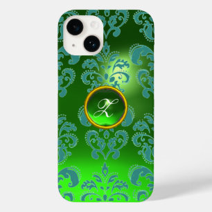 COQUES POUR iPhone TURQUOISE BLUE VERT DAMASK MONOGRAMME EN PIERRE DE