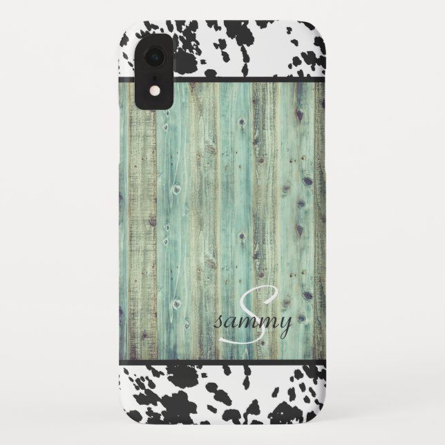 Coques Case-Mate iPhone Turquoise Bois Occidental Rustique Monogramme Cuir (Dos)