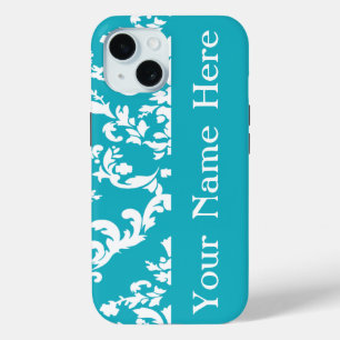 Coque Case-Mate iPhone Turquoise Bold Damask avec nom @ Emporiomoffa