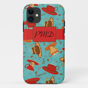 Coques Pour iPhone Turquoise & Coupes de café rouge Motif Monogramme