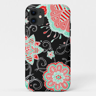 Coque iPhone 11 Turquoise et floral rouge