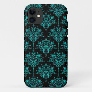 Coque iPhone 11 Turquoise et noir élégant motif damassé