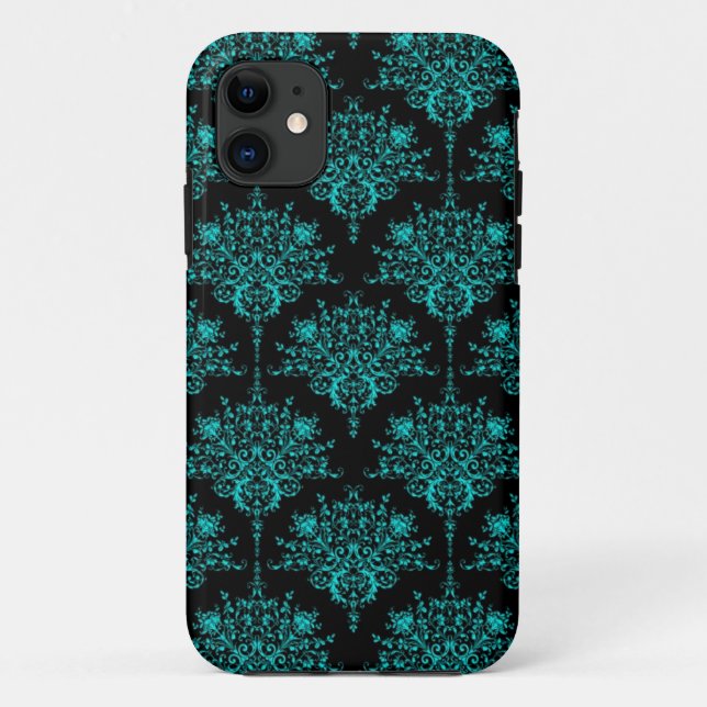 Coques Case-Mate iPhone Turquoise et noir élégant motif damassé (Dos)