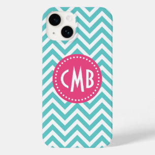 Coque Case-Mate iPhone Turquoise et rose moderne Chevron Monogramme