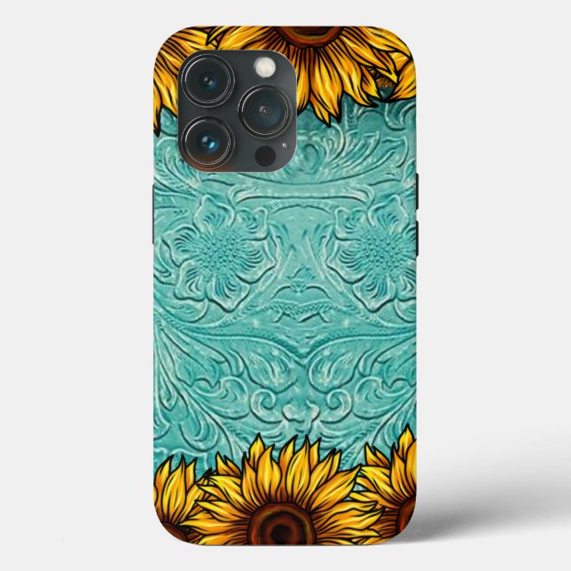 Coques Case-Mate iPhone Turquoise Leather Tooled Bright Sunny Sunflowers (Verso)