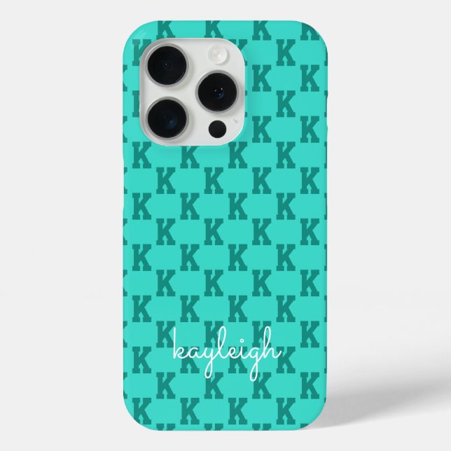 Coques Case-Mate iPhone Turquoise Moderne Monogramme Nom Couleur Unie | Sa (Verso)