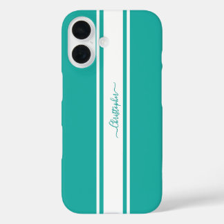 Coque Pour iPhone 16 Turquoise Moderne White Racing Grilles Monogrammed