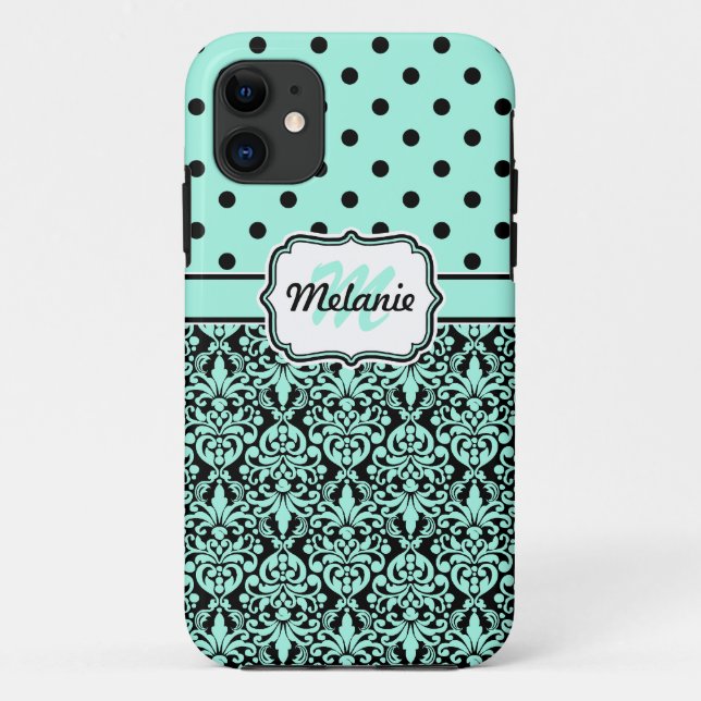 Coques Case-Mate iPhone Turquoise Monogramme Damask Pois Motif (Dos)