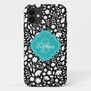 Coques Pour iPhone Turquoise Monogramme Quatrefoil Black Floral