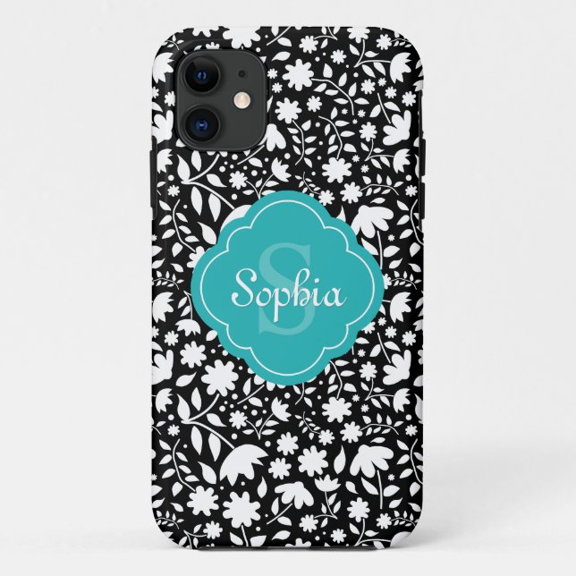 Coques Case-Mate iPhone Turquoise Monogramme Quatrefoil Black Floral (Dos)