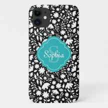 Turquoise Monogramme Quatrefoil Black Floral