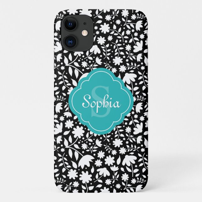 Coques Case-Mate iPhone Turquoise Monogramme Quatrefoil Black Floral (Dos)