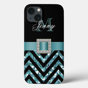 COQUES POUR iPhone TURQUOISE NOIR CHEVRON PARTIES SCINTILLANT FILLE