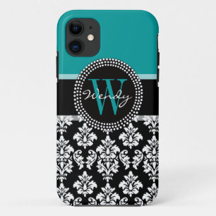 Case-Mate iPhone Case Turquoise, nom noir d'initiale de motif de damassé