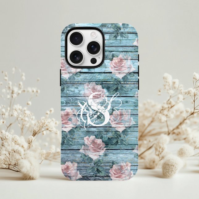 Coques Case-Mate iPhone Turquoise Rose Pâle Floral Monogramme Chic Décontr (Créateur téléchargé)