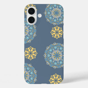 Coque Pour iPhone 16 Plus Turquoise Turquoise bleu et jaune Mandala Art Moti