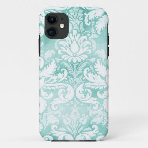 Coques Pour iPhone Turquoise vintage et blanc de damassé de