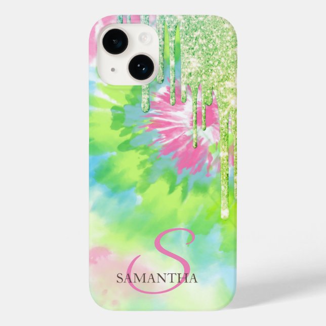 Coques Case-Mate iPhone Tye-Dye avec Gouttes de Paillettes Vertes Élégante (Verso)