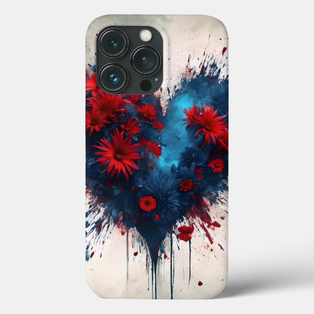 Coques Case-Mate iPhone Un coeur bleu éclatant avec des fleurs rouges (Verso)