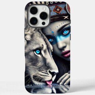 Coque iPhone 16 Pro Max Un guerrier et un lion natifs sous la lune