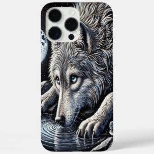 Coque iPhone 16 Pro Max Un loup blanc majestueux contemple la réflexion su