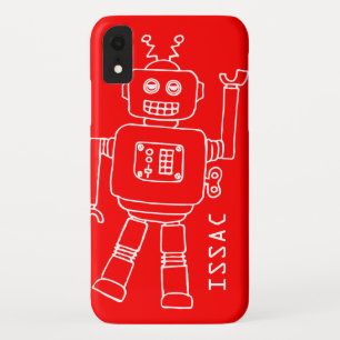 Coque Pour iPhone XR Un robot amusant nommé les garçons rouges et blanc