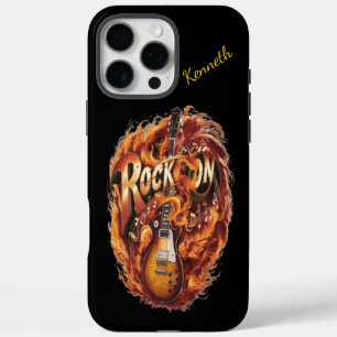 Coque iPhone 16 Pro Max Une guitare ardente entourée de notes musicales