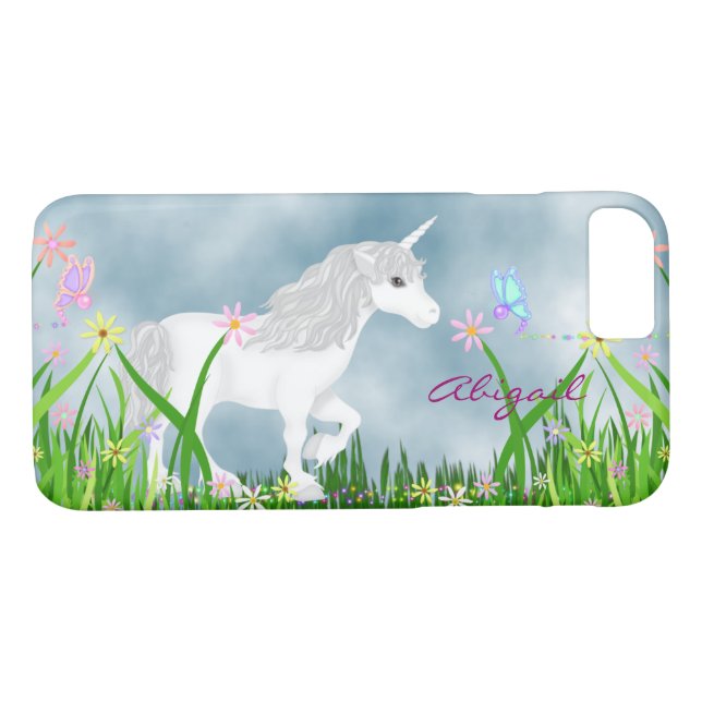 Coques Case-Mate iPhone Unicorne blanche personnalisée, papillon et fleurs (Dos (Horizontal))