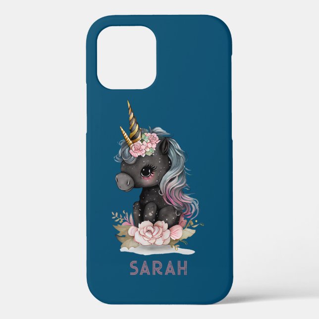 Coques Case-Mate iPhone Unicorne noire mignonne avec Fleurs Aquarelle Unic (Verso)